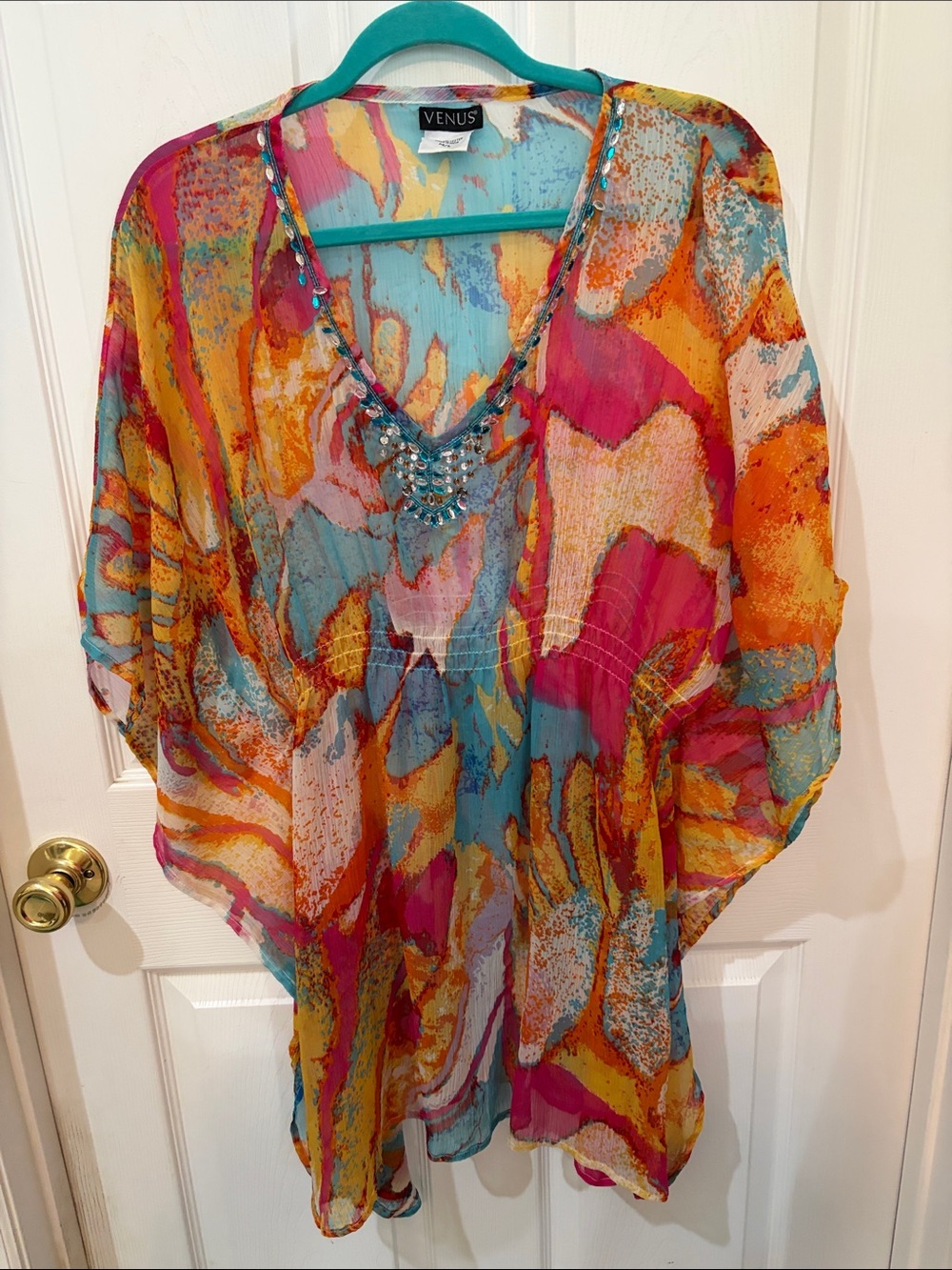VENUS Multicolor Beaded V-Neck Tunic — Pink, Orange, Blue